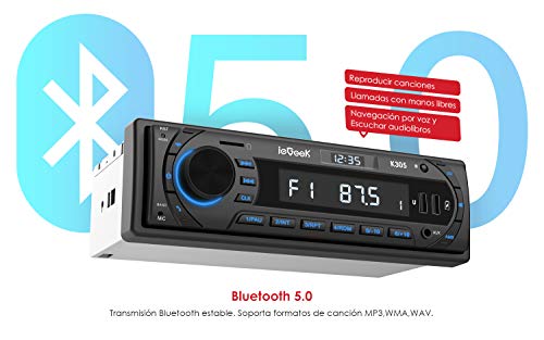 Autoradio Bluetooth Coche RDS Estéreo ieGeek, Luz de Botón 7 Colores, 60W X 4 Soporta FM/AM/AUX/MP3/WMA/WAV/USB/SD/Control Remoto, Reloj de visualización, Guardar 30 Emisoras de Radio, 1DIN