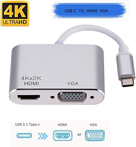 Auveach - Adaptador USB C a HDMI y VGA 4K, Mini convertidor 2 en 1 con Doble Monitor para iPad Pro, MacBook Pro, Chromebook, Lenovo 900, DELL XPS/SAMS 2018 (Compatible con Thunderbolt 3)