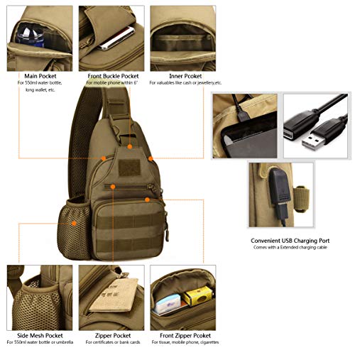 BAIGIO Mochila Cruzada para Hombro Bandolera Mochila de Pecho Estilo Militar Sling Mochila Frontal con USB Recargable Bolso Messenger para Usar al Aire Libre Camping Ciclismo (Negro)