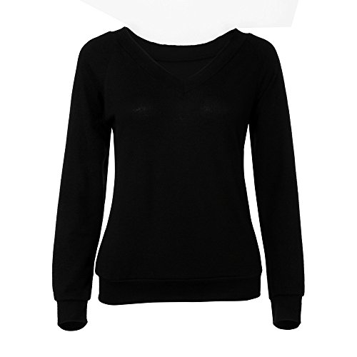 beautyjourney Camisa de Mujer Blusa de Color Liso con Manga Larga y Escote en Pico Pull-Over Camisetas Slim Fit Tops