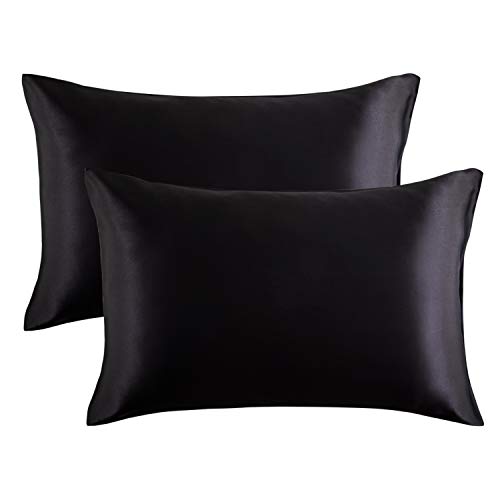 Bedsure Funda Almohada 50x75cm Satén Negro - Juego de 2 Fundas Almohadas 75x50 Pelo Rizado, Muy Liso Suave de 100% Microfibra, Antiarrugas sin Cremallera, 2 Piezas