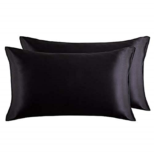 Bedsure Funda Almohada 50x75cm Satén Negro - Juego de 2 Fundas Almohadas 75x50 Pelo Rizado, Muy Liso Suave de 100% Microfibra, Antiarrugas sin Cremallera, 2 Piezas