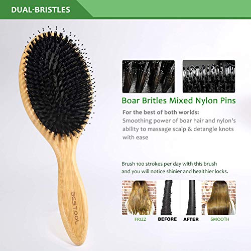 BESTOOL Jabalí de cerdas de madera de bambú masaje peine,nudo no electrostática comodo y durable gran Paddle hairbrush con bolsa de gas (Negro)