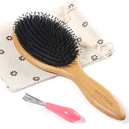 BESTOOL Jabalí de cerdas de madera de bambú masaje peine,nudo no electrostática comodo y durable gran Paddle hairbrush con bolsa de gas (Negro)