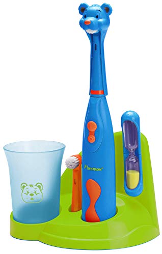 Bestron Cepillo de Dientes Eléctrico para Niños"Bobby Bear" con Vaso, Reloj de Arena y Soporte, Funciona con Baterías, Azul