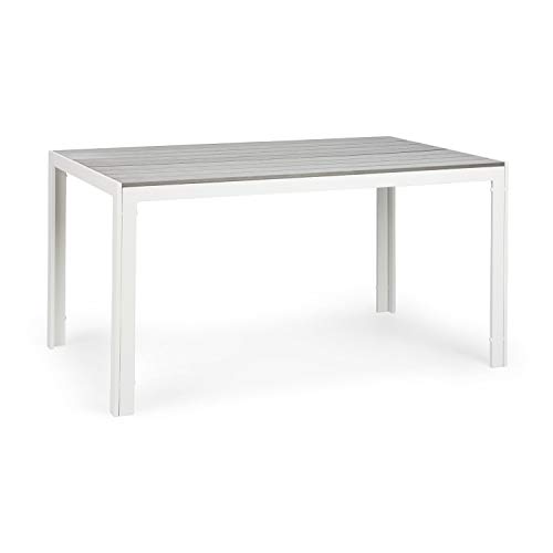 blumfeldt Bilbao White Edition - Mesa de jardín, 150 x 73 x 90 cm, hasta 6 Personas, Materiales polywood y Aluminio, Resiste al Aire Libre, Imitación de Madera, Ideal Exteriores, Blanco/Gris