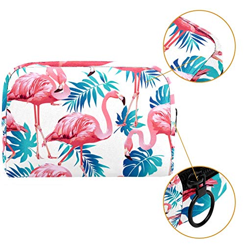 Bolsa de maquillaje portátil con hojas de palma tropicales con flamencos exóticos, bolsa de cosméticos impresa, bolsa de cosméticos para mujeres de viaje