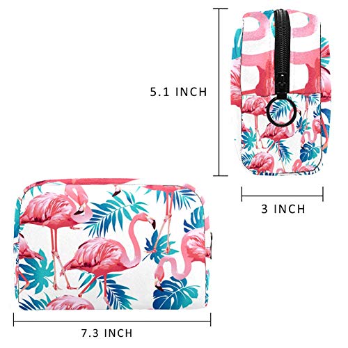 Bolsa de maquillaje portátil con hojas de palma tropicales con flamencos exóticos, bolsa de cosméticos impresa, bolsa de cosméticos para mujeres de viaje