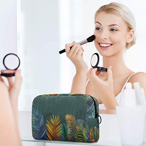 Bolsa de maquillaje portátil con hojas de palmas de colores tropicales, bolsa de cosméticos impresa, bolsa de cosméticos para mujeres de viaje