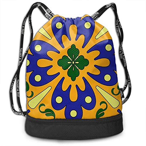 Bolsas de Gimnasia, Orange and Blue Talavera Tile Pattern Drawstring Bags Pumping Rope Backpack Pack Travel Sport Gym Sack Bag for Men/Women and Kids Bundle Backpack