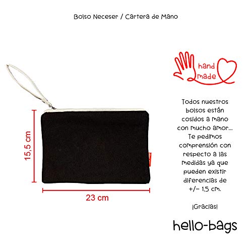 Bolso Neceser/Cartera de Mano. Algodón 100%. Negro. con Cremallera y Forro Interior. 23 * 15,5 cm. Incluye sobre Kraft de Regalo.