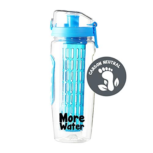 Botella de agua infusora de fruta 900ml - Premium, durable, Grande - Plástico Tritan libre de BPA, tapa flip, diseño hermético - Deportes, Camping, Yoga, Senderismo, Desintoxicación, Sano, Limpio, Paleo Dieta - More Water