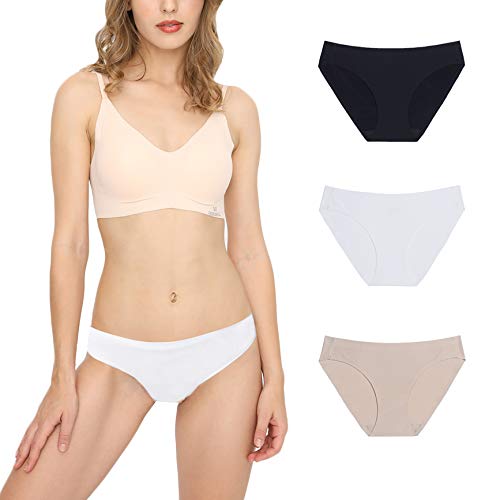 Bragas Mujer sin Costuras Invisible Señoras Braguitas Low Rise Suave Ligera Bikini Braguitas, Pack de 3 Negro/Beige/Blanco L