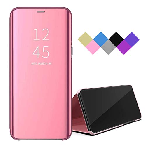 BRAND SET Funda para Xiaomi Redmi Note 9 Pro Smart Mirror Flip Cover Funda Ultrafina para Teléfono a Prueba de Golpes con Función de Soporte Adecuado Carcasa para Xiaomi Redmi Note 9 Pro-Oro Rosa