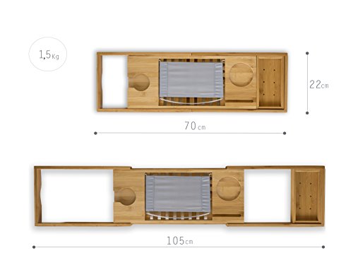 BRUMA #1 Bandeja de baño Premium Bandeja para Bañera de Bambú - Accesorio para Bañera con Soporte para Copa de Vino, Libros, Tablet y móvil. 2 Años de Garantía