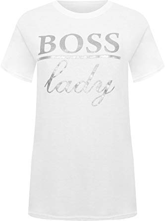 Camiseta de manga corta para mujer, diseño de Espania Trading EST Plus Boss Lady Slogan Blanco blanco Talla única