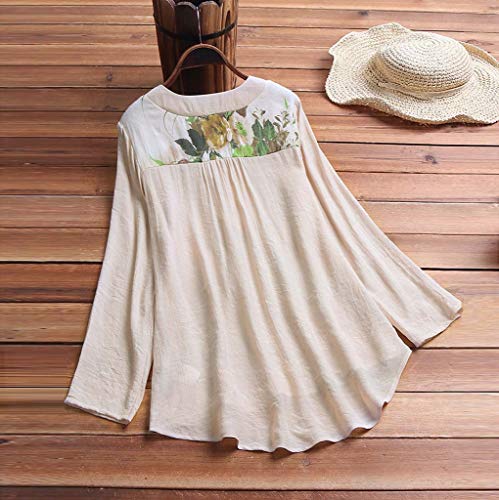 Camisetas Mujer Manga Larga SHOBDW 2019 Nuevo Cuello en V Tops de Túnica Blusas Suelto Estampado Floral Pullover Sexy Casual Verano Camisetas Mujer Tallas Grandes M-5XL(Beige,L)