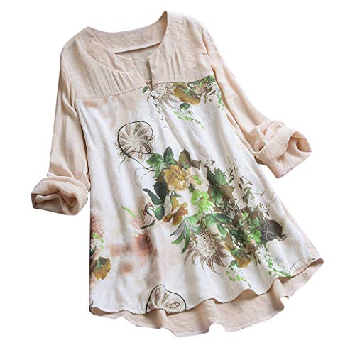 Camisetas Mujer Manga Larga SHOBDW 2019 Nuevo Cuello en V Tops de Túnica Blusas Suelto Estampado Floral Pullover Sexy Casual Verano Camisetas Mujer Tallas Grandes M-5XL(Beige,L)