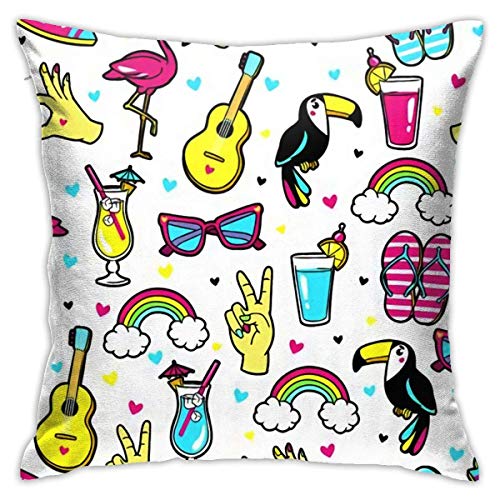 Caonm Funda de Almohada Cuadrada de Moda Tropic Flamingo en Hawaii con Flores de música Funda de cojín de Guitarra de Surf 45X45CM