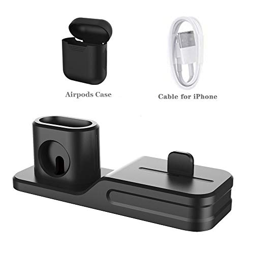 Cargador 3 en 1 para iPhone AirPods Apple Watch Estación de Carga de Silicona, Soporte para el Apple Watch 3/2/1, AirPods, iPhone X/8/8 Plus/7/7 Plus/6s Negro