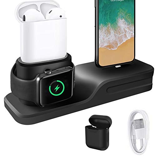 Cargador 3 en 1 para iPhone AirPods Apple Watch Estación de Carga de Silicona, Soporte para el Apple Watch 3/2/1, AirPods, iPhone X/8/8 Plus/7/7 Plus/6s Negro