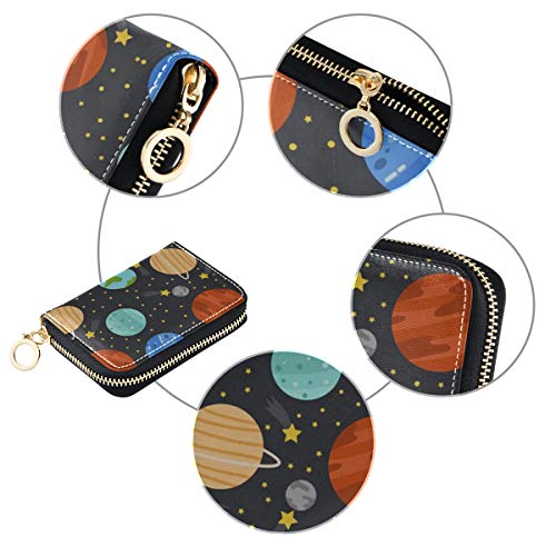 Cartera con Ranura para Tarjeta para Mujer Espacio de Dibujos Animados Sistema Solar Brillante Planeta Tarjeta de Regalo Organizador Cartera Organizador de Cuero PU Cremallera Alrededor Tamaño compac