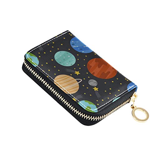 Cartera con Ranura para Tarjeta para Mujer Espacio de Dibujos Animados Sistema Solar Brillante Planeta Tarjeta de Regalo Organizador Cartera Organizador de Cuero PU Cremallera Alrededor Tamaño compac