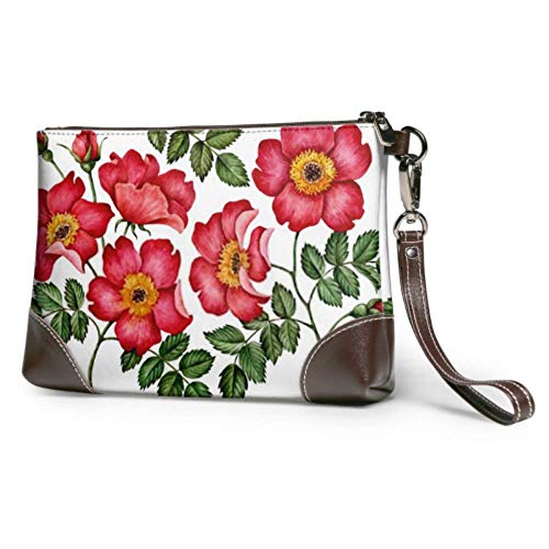 Cartera de mano, conjunto de acuarela, rosa mosqueta, flores, hojas, cartera de cuero, cartera de mano, cartera para mujer, carteras con cremallera para mujer, cartera para teléfono inteligente