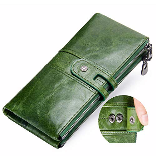 Cartera Mujer, Cuero, Vendimia, Diseño Mano, Posición De Múltiples Tarjetas, Monedero Zip, Bolsillo para Teléfono Celular, 19.5 * 9.5 * 2.5cm (Green)