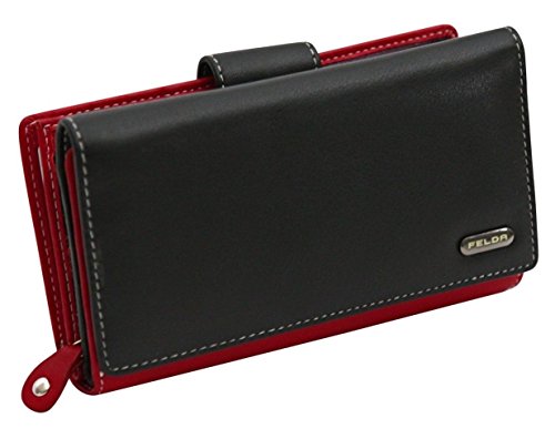 Cartera para Mujer - con Bloqueo de transmisiones RFID y 19 Ranuras para Tarjetas - Cuero auténtico Muy Suave - Negro y Rojo