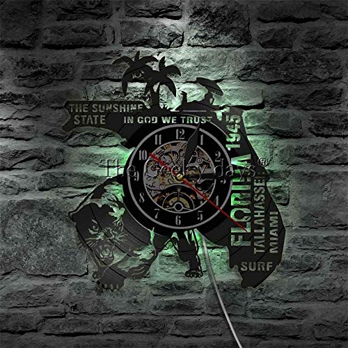 CHANGWW Horario de Verano Florida Reloj de Pared Playa Vacaciones Viajes país Ciudad Disco de Vinilo Reloj de Pared Ciudad Paisaje Reloj 12 Inch-with Led