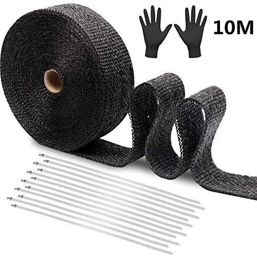 Cinta Anticalorica Escape Aislante 10 m, cinturón de tela de fibra de vidrio negro ignífugo antiescarcha para preservación del calor, con 12 bridas + guantes de acero inoxidable