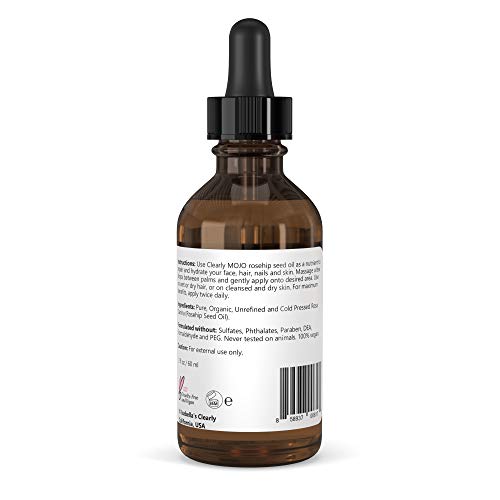 Clearly MOJO Aceite de Semilla de Rosa Mosqueta, Serum y Humectante Anti Envejecimiento.100% Puro, Orgánico, Sin Refinar, Prensado al Frío para Rostro, Cabello, Cuerpo, Uñas.