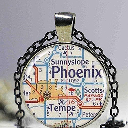 Collar Phoenix Mapa Collar Colgante Encanto Phoenix Arizona Mapa Joyería Mapa Encanto Redondo Color Plata Resina Encanto