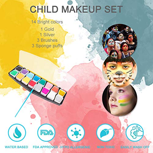 Coquimbo Maquillaje Niñas, Kit de Pintura Facial, Face Body Painting, pinturas cara para niños, Maquillaje de Fiesta, Cumpleaños, Halloween, Navidad,2 Polvo Brillo 16 Colores Lavables 4 Pinceles