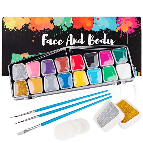 Coquimbo Maquillaje Niñas, Kit de Pintura Facial, Face Body Painting, pinturas cara para niños, Maquillaje de Fiesta, Cumpleaños, Halloween, Navidad,2 Polvo Brillo 16 Colores Lavables 4 Pinceles