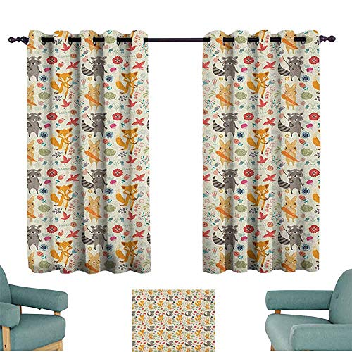 Cortinas opacas térmicas con ojales, diseño de animales, con estampado de mapache y zorro, coloridas fantasías, naturaleza, bosque, oscurecimiento, cortinas, 108 x 183 cm, multicolor