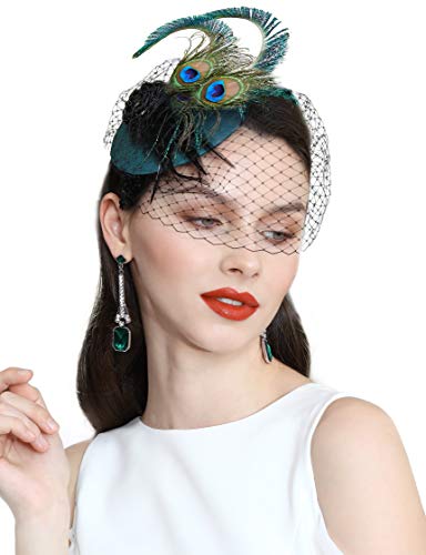 Coucoland Fascinator Pillbox Hat Plumas Malla Velo Fascinador Flor Clip Tocado Sombrero de Novia Boda Iglesia Derby Sombreros de Carrera Sombreros 1920s Flapper Hat Pavo real 4 Talla única