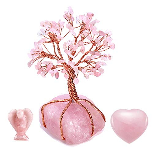 Cryst altears 3 Pics Rose Cuarzo vida algodón decoración Set Wire Wrap Dinero algodón suerte árbol Ángel Corazón Feng Shui – Mesa de oficina Glücksbringer Decoración