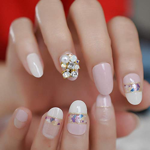 CSCH Uñas postizas 3d luxurycolor gem pink French fake nails secret cobertura total lentejuelas de oro artificiales presionadas en el dedo falso nail art preadhesivo en la parte posterior