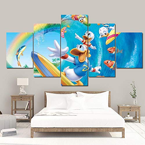 CVBGF Impresiones sobre Lienzo 5 Piezas Enmarcado Arte，Donald Duck Juega a navegar Paisaje Modernos hogar Oficina Salon Cuadros Decoracion