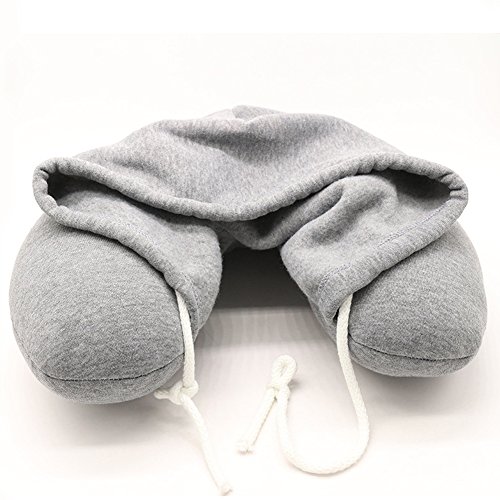 Delleu Sudadera con Capucha Travel Neck Pillow U en Forma de Almohadas de Cuello de Espuma de Memoria para Viajar Sleeping Pillow with Drawstring Desmontable Hat Pillow