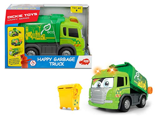 Dickie Toys Happy Series - Camión de Basura Motorizado Scania, con Cubo, Luz, Sonido y Plataforma Móvil, para Niños a partir de 2 Años - 25 cm