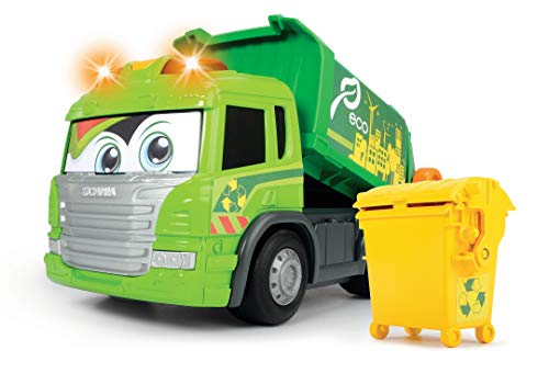 Dickie Toys Happy Series - Camión de Basura Motorizado Scania, con Cubo, Luz, Sonido y Plataforma Móvil, para Niños a partir de 2 Años - 25 cm