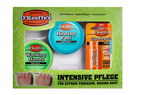 El set de regalo de O'Keeffe, incluye 1 crema de manos Working Hands, 1 crema para pies Healthy Feet, 1 bálsamo labial sin perfume.