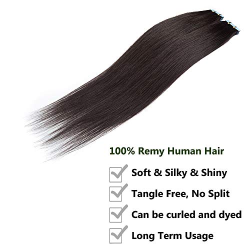 Elailite® Extensiones Adhesivas Pelo Natural de Cabello Humano Balayage - 40 cm #1B Negro Natural (2.5g 10 Piezas) - Tape in 100% Remy Human Hair Lisa Brasileñas Liso