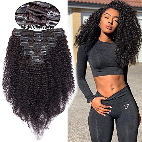 Elailite Kinky Curly Clip in Extensiones de Cabello Humano Nautral Afro (Double Weft) - 16 Pulgadas 40CM #1B Negro Natural 8 Piezas 18 Clips 100% Remy Rizada Ondulada