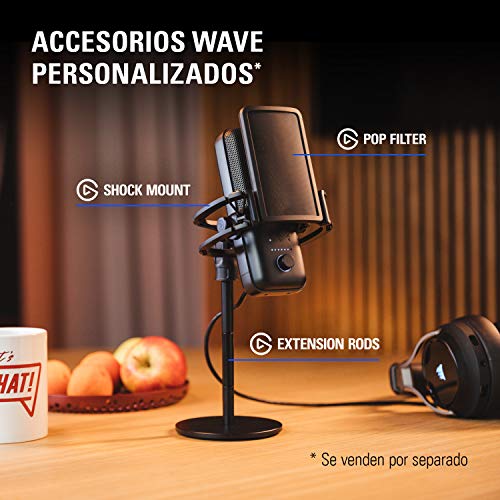 Elgato Wave:3 Micrófono Condensador USB de Calidad y Solución de Mezcla Digital, Tecnología Antisaturación, Sensor Táctil de Muteo, Streaming y Podcasting