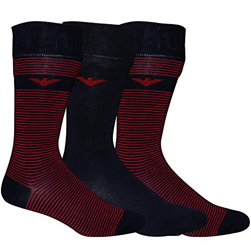 Emporio Armani 3-Pack Liso & Raya águila Logo Calcetines De Hombre, Marino/rojo Un Tamaño