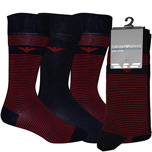 Emporio Armani 3-Pack Liso & Raya águila Logo Calcetines De Hombre, Marino/rojo Un Tamaño